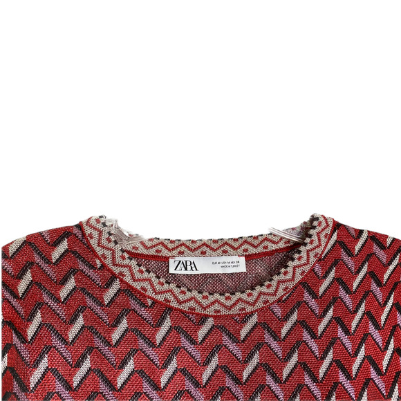 Zara Women's Dress A-Line Red Chevron 3/4 Sleeve Raglan Crew Neck Size M - Picture 6 of 7